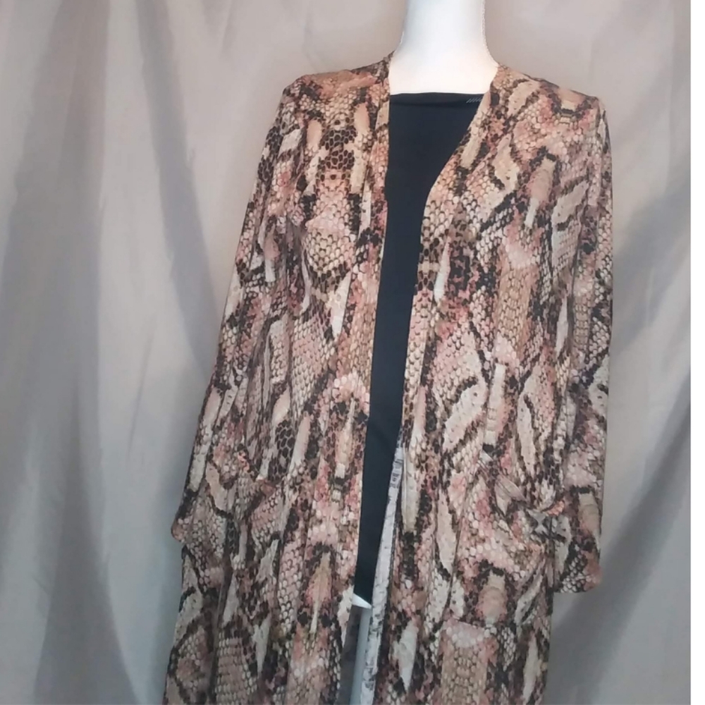 Snake Print Long Sleeve Cardigan with Pockets